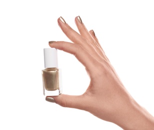 Woman holding nail polish bottle isolated on white, closeup