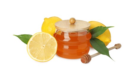 Photo of Sweet honey and fresh lemons isolated on white