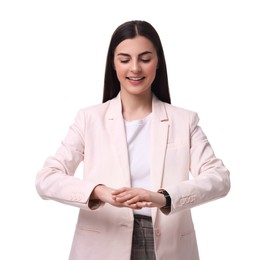 Photo of Beautiful young businesswoman posing on white background