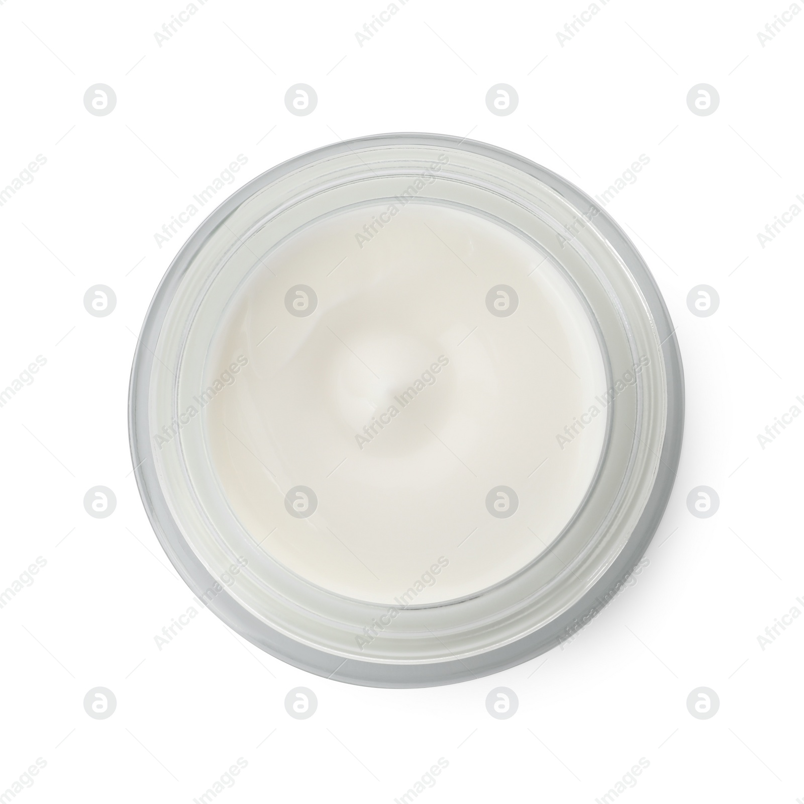 Photo of Glass jar of face cream on white background, top view