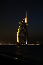 DUBAI, UNITED ARAB EMIRATES - NOVEMBER 03, 2018: Night landscape with illuminated Burj Al Arab