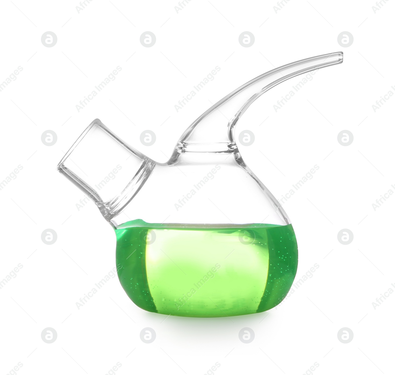 Photo of Laboratory glassware with liquid on white background. Solution chemistry