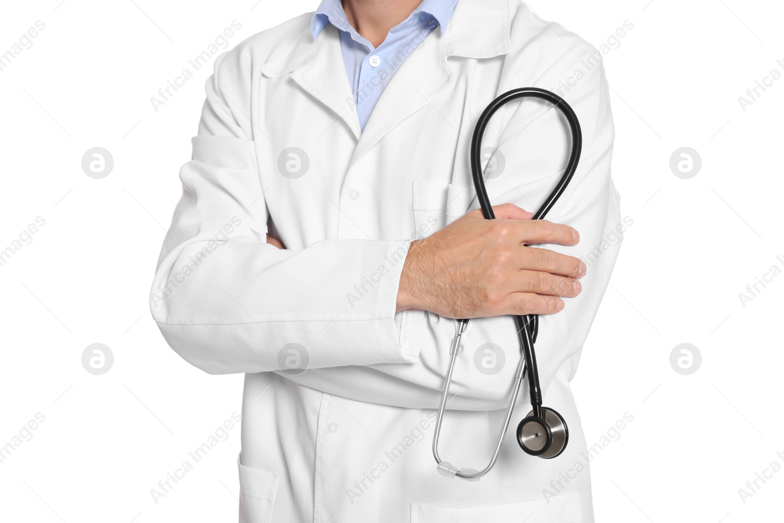 Photo of Doctor with stethoscope on white background, closeup