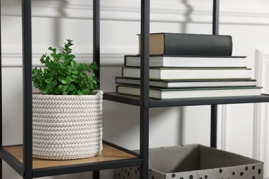 Photo of Potted artificial plant and books on shelving unit indoors