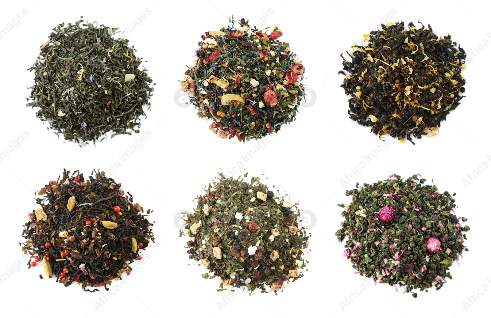 Image of Set with aromatic herbal tea on white background, top view