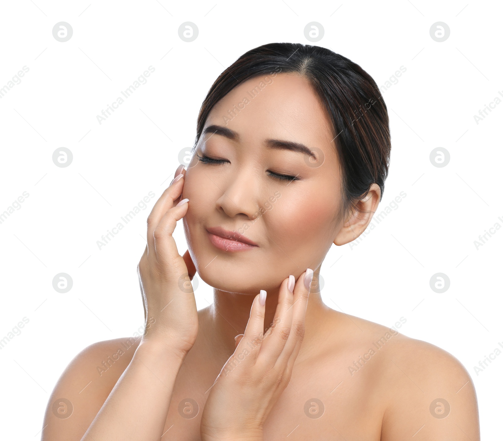 Photo of Portrait of beautiful Asian woman isolated on white. Spa treatment