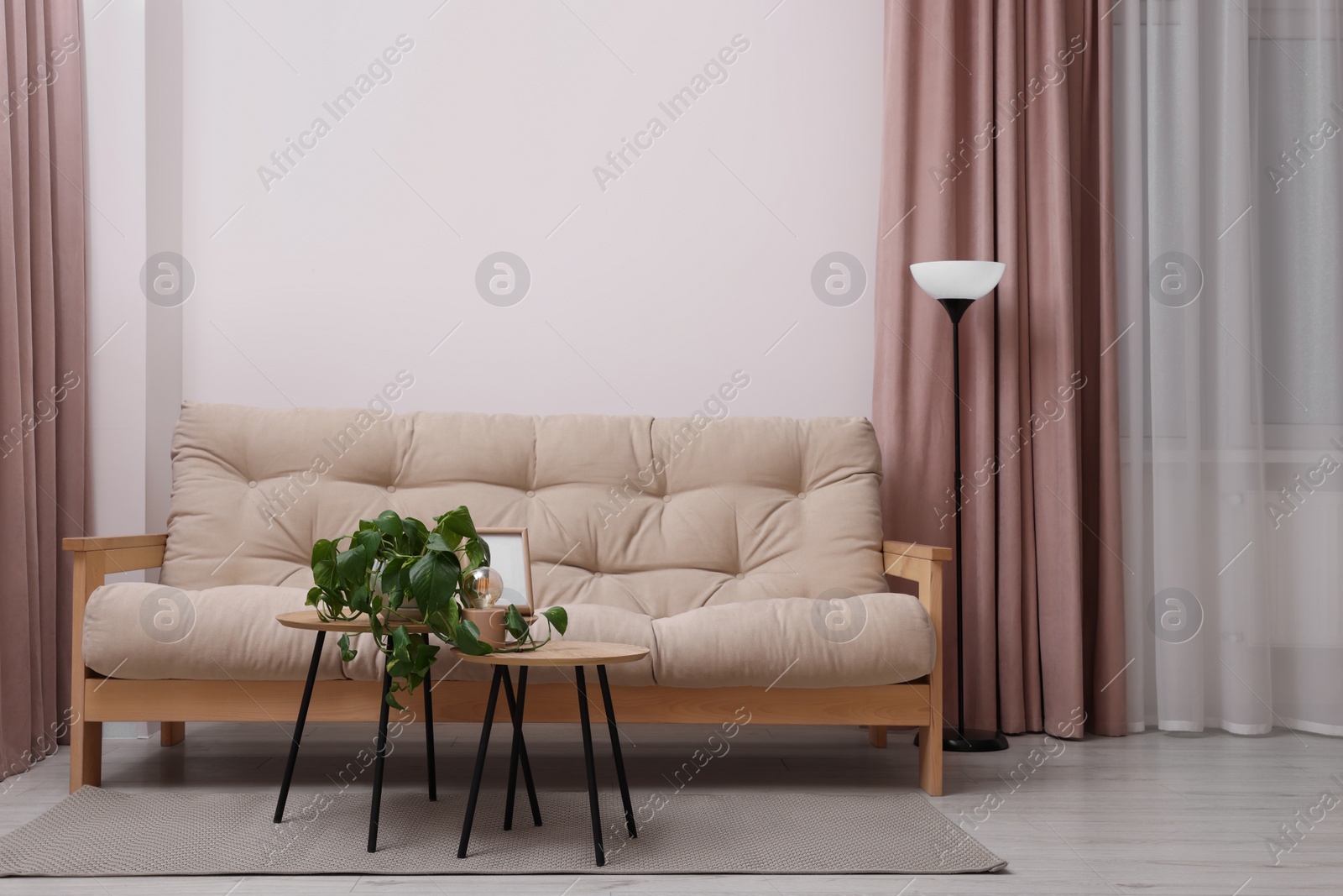 Photo of Comfortable sofa and houseplant on coffee table in light room. Interior design