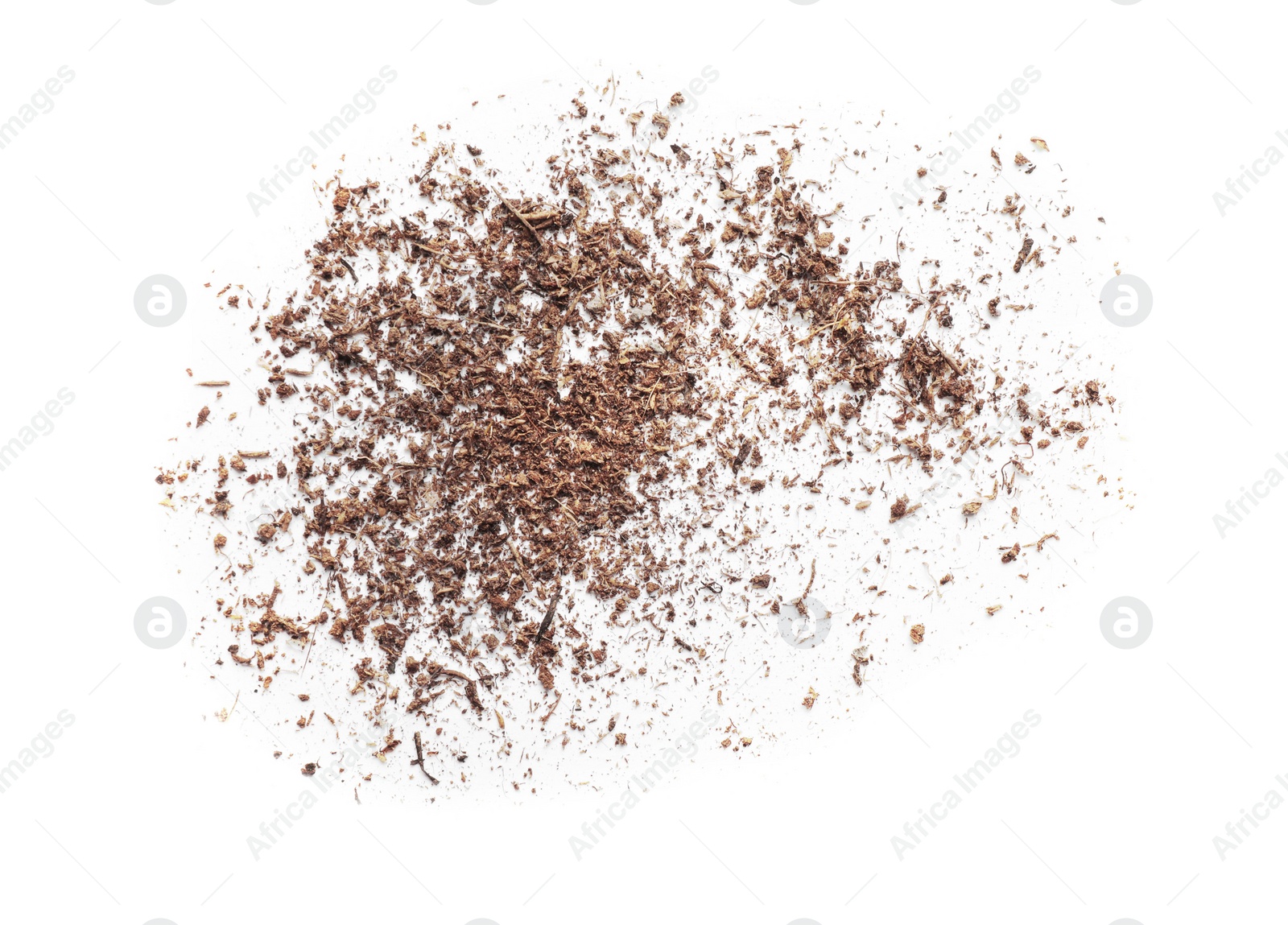 Photo of Pile of brown dust scattered on white background, top view