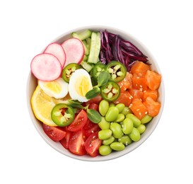 Poke bowl with salmon, edamame beans and vegetables isolated on white, top view