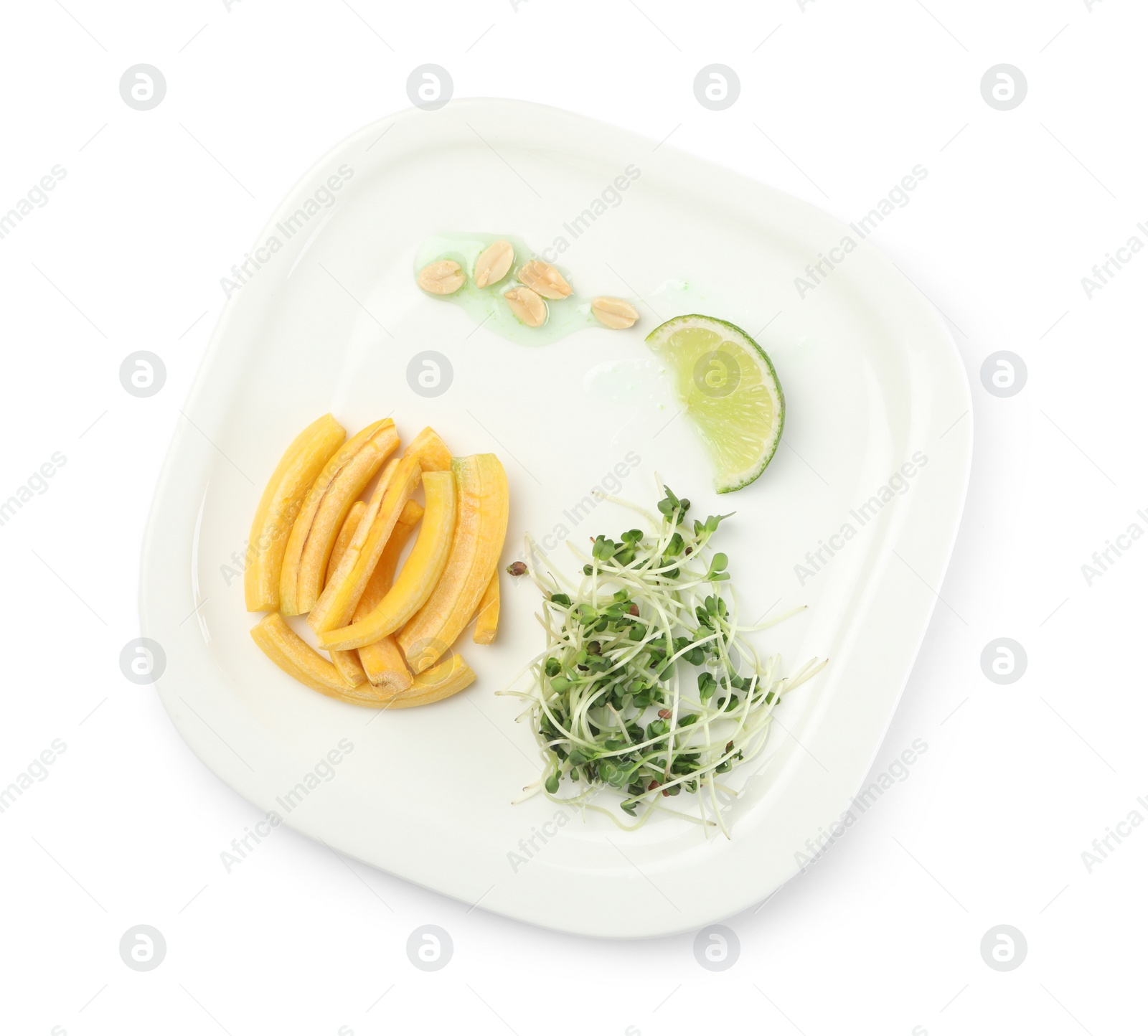 Photo of Delicious fresh carrot salad isolated on white, top view