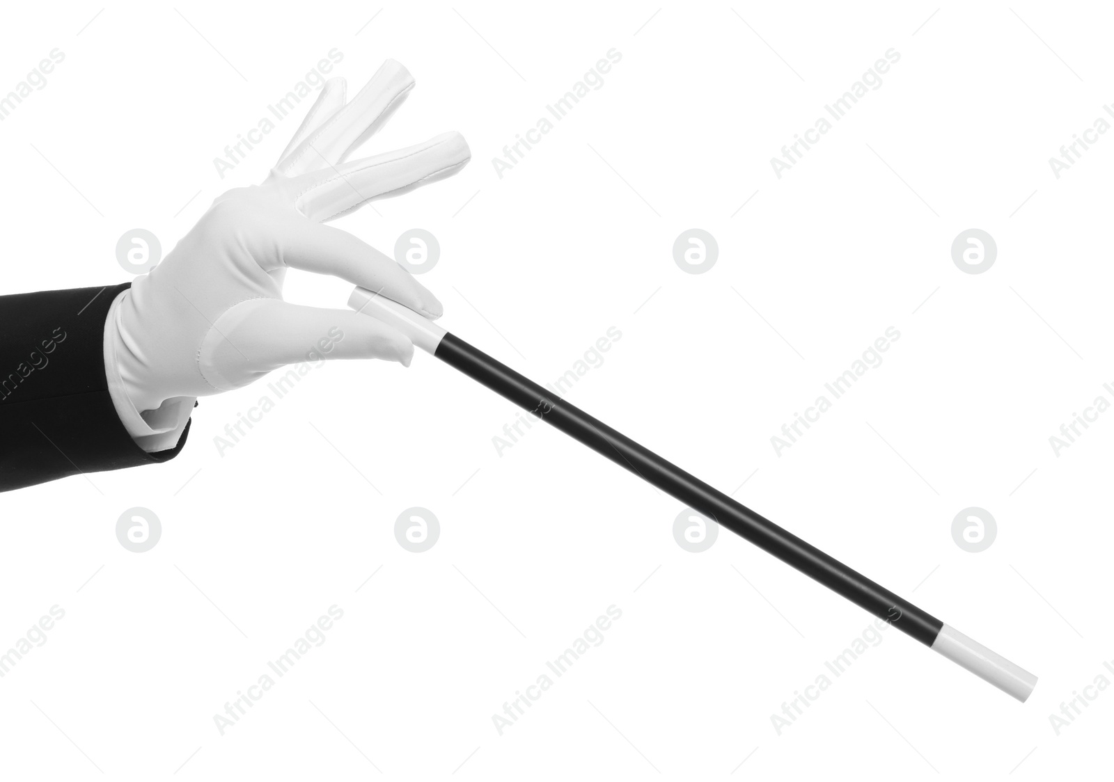 Photo of Magician holding wand on white background, closeup