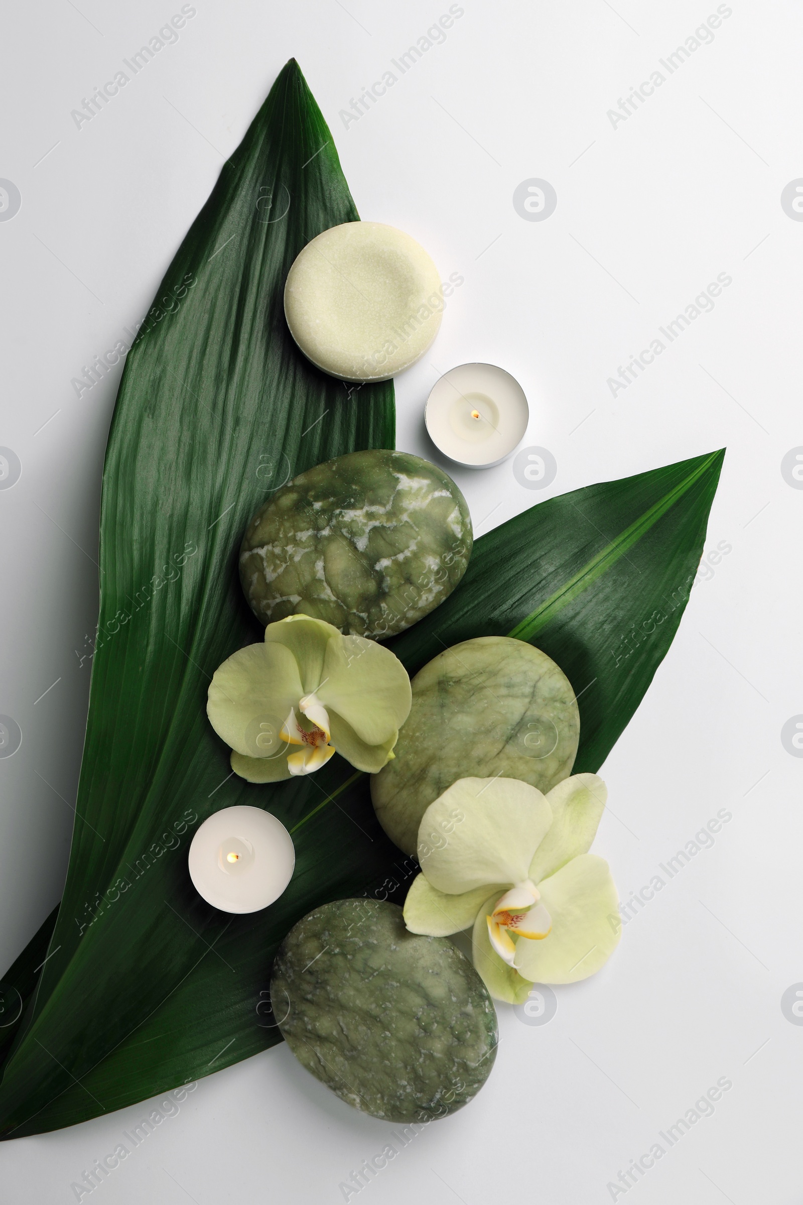 Photo of Flat lay composition with spa stones, green leaves and beautiful flowers on white table