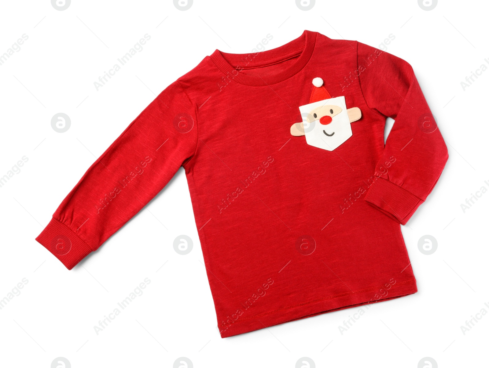Photo of Red jumper with Santa Claus face isolated on white, top view. Christmas baby clothes