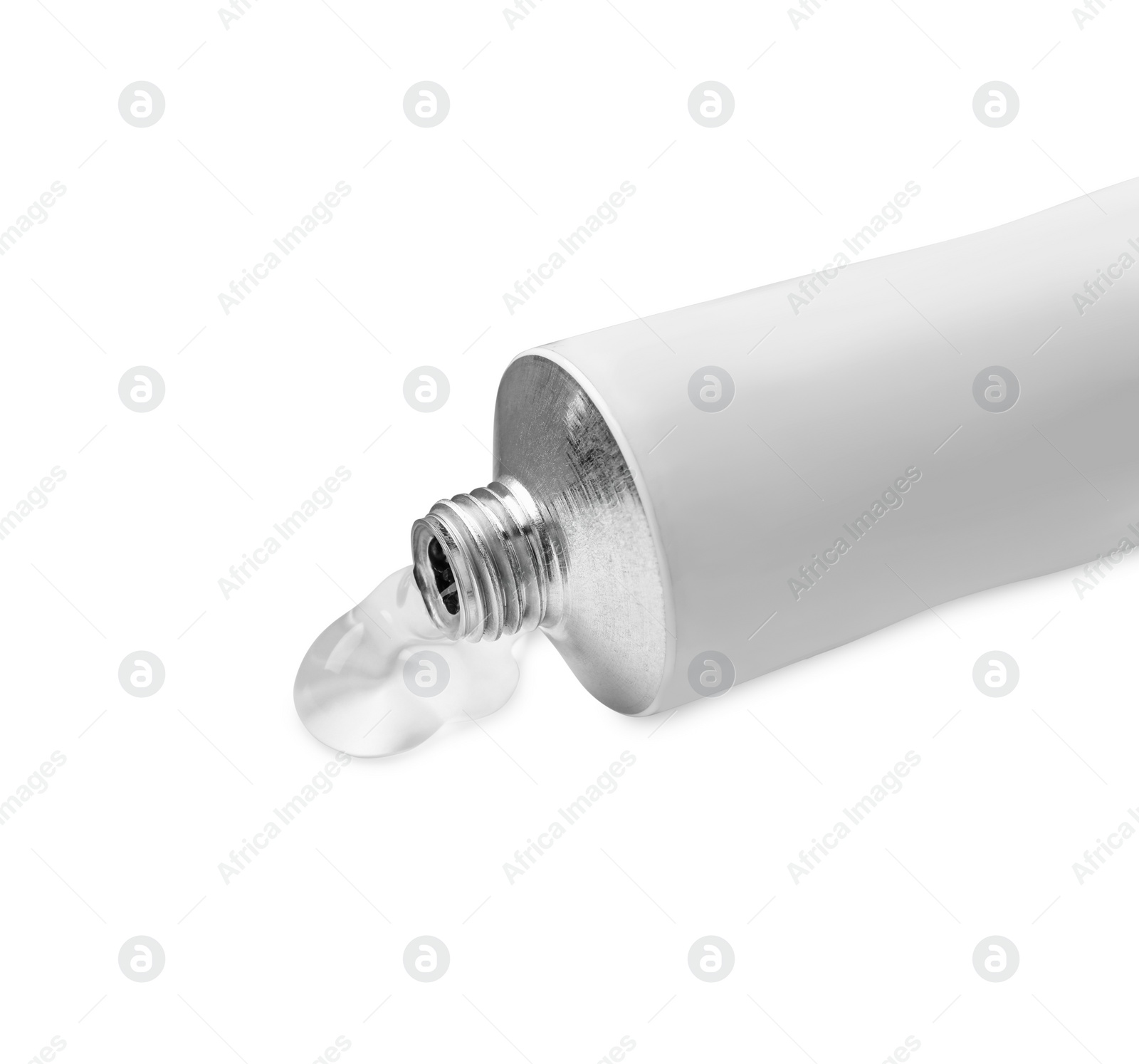 Photo of Open tube of ointment isolated on white, closeup. Space for text