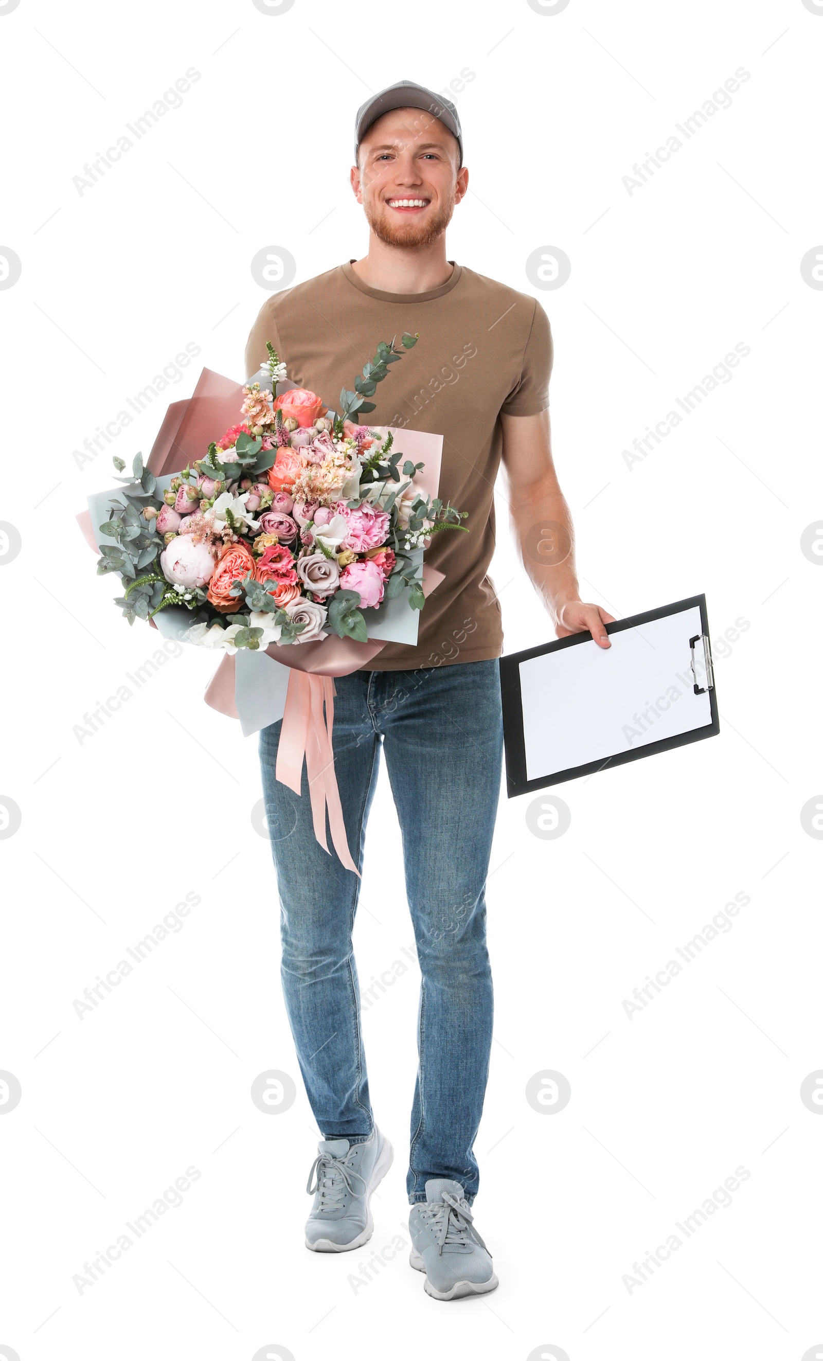 Photo of Delivery man with beautiful flower bouquet isolated on white