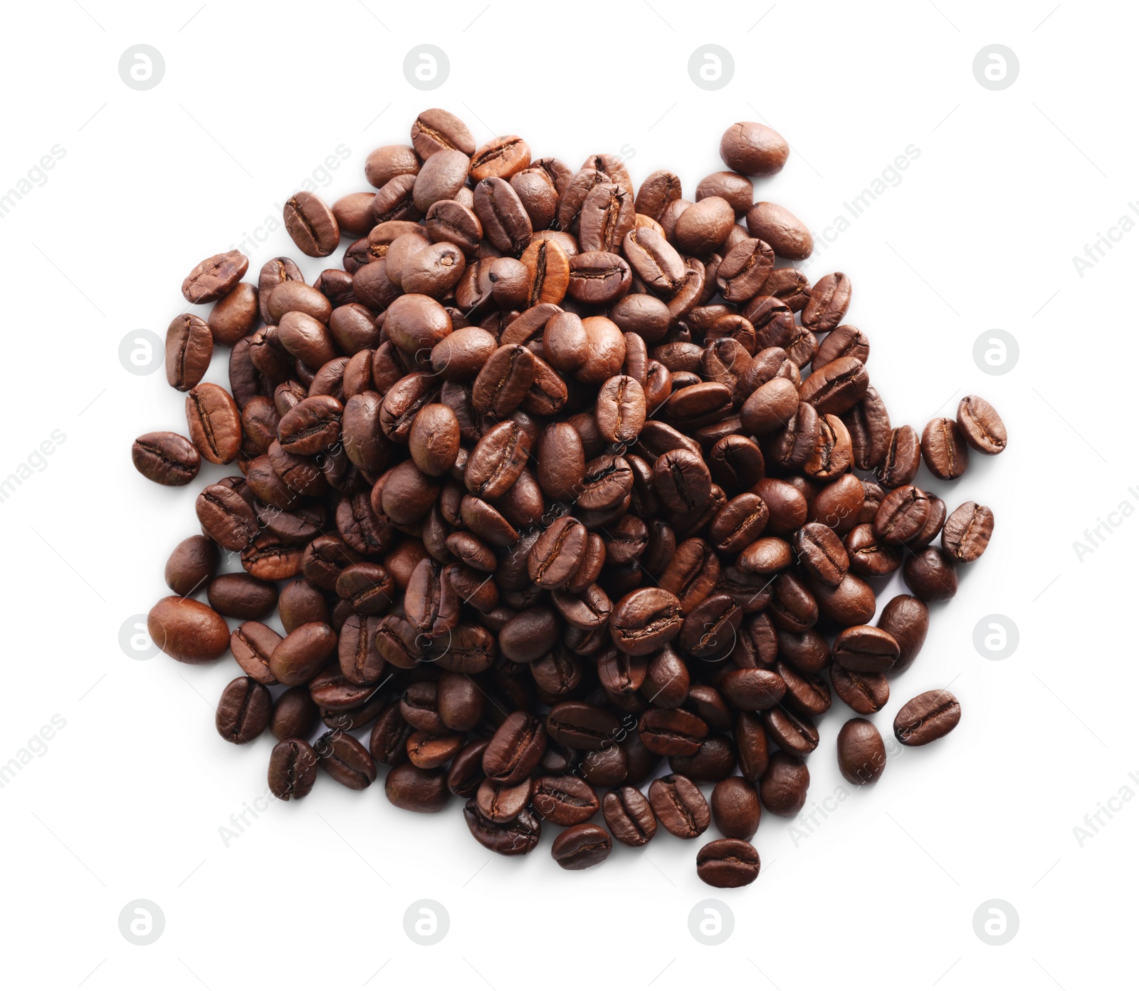 Photo of Pile of roasted coffee beans isolated on white, top view