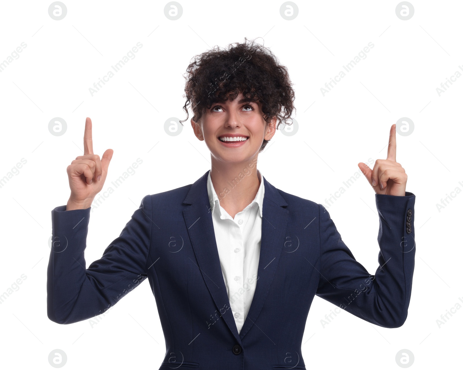 Photo of Beautiful businesswoman in suit pointing at something on white background