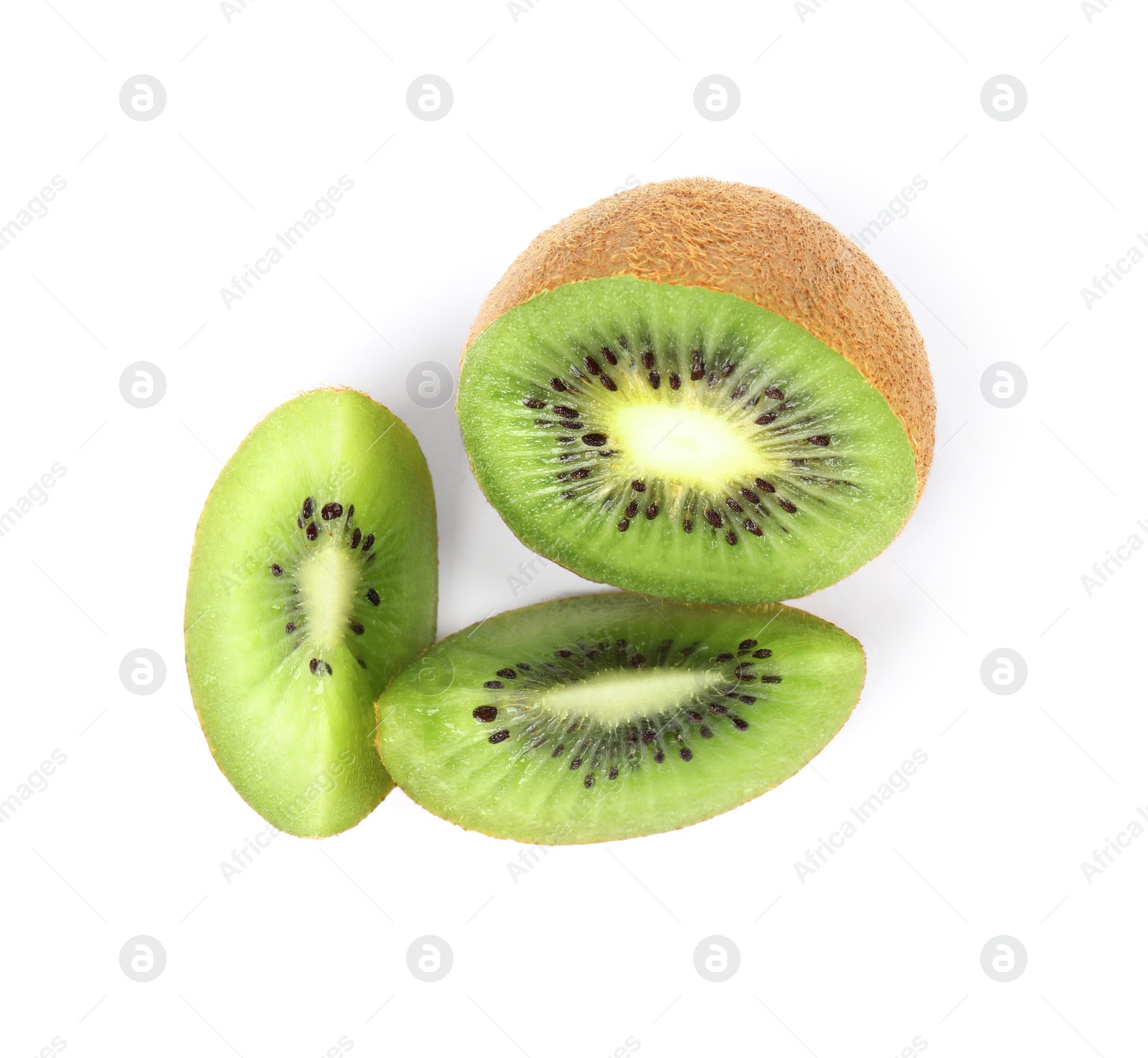 Photo of Cut fresh ripe kiwi on white background, top view