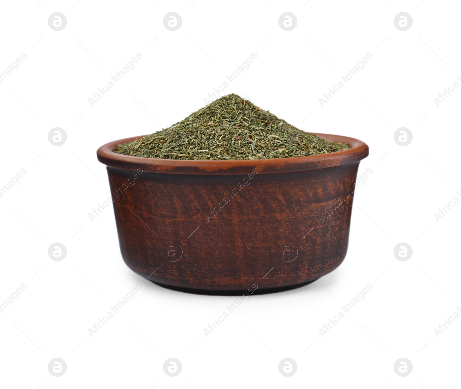 Photo of Bowl with aromatic dry dill on white background