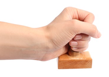 Photo of Woman with wooden stamp tool on white background, closeup