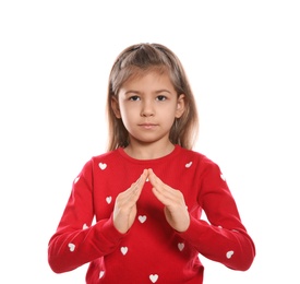 Photo of Little girl showing HOUSE gesture in sign language on white background
