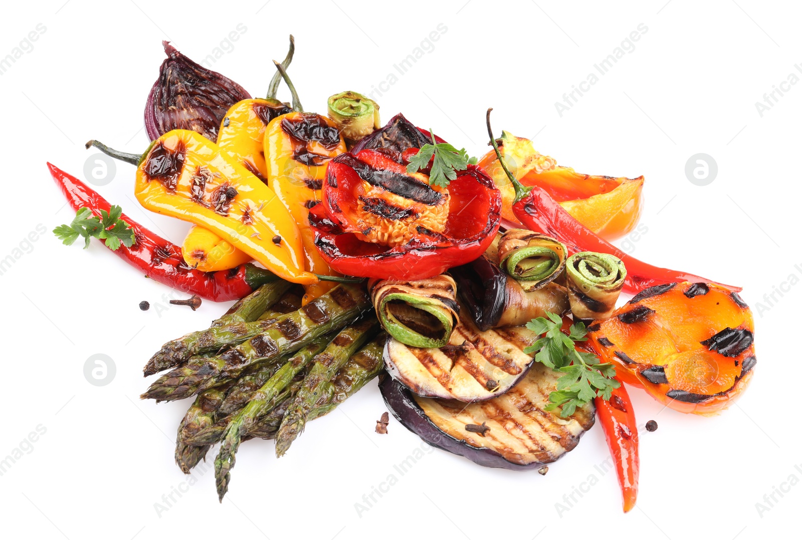 Photo of Different delicious grilled vegetables isolated on white