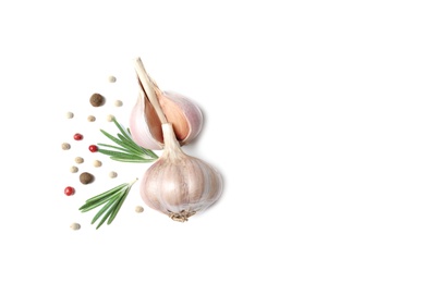 Photo of Composition with garlic and onion on white background, top view. Space for text