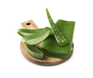 Photo of Board with fresh aloe vera pieces isolated on white