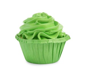 Photo of Tasty cupcake with green cream isolated on white