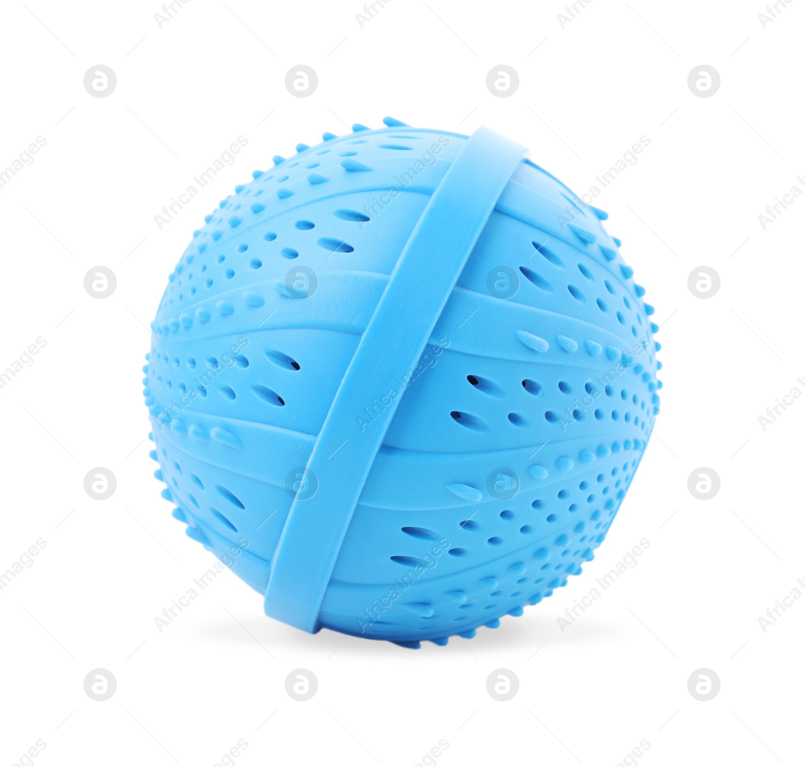 Photo of Light blue dryer ball for washing machine isolated on white. Laundry detergent substitute