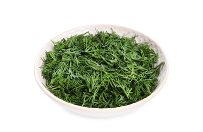 Photo of Fresh dill in bowl isolated on white