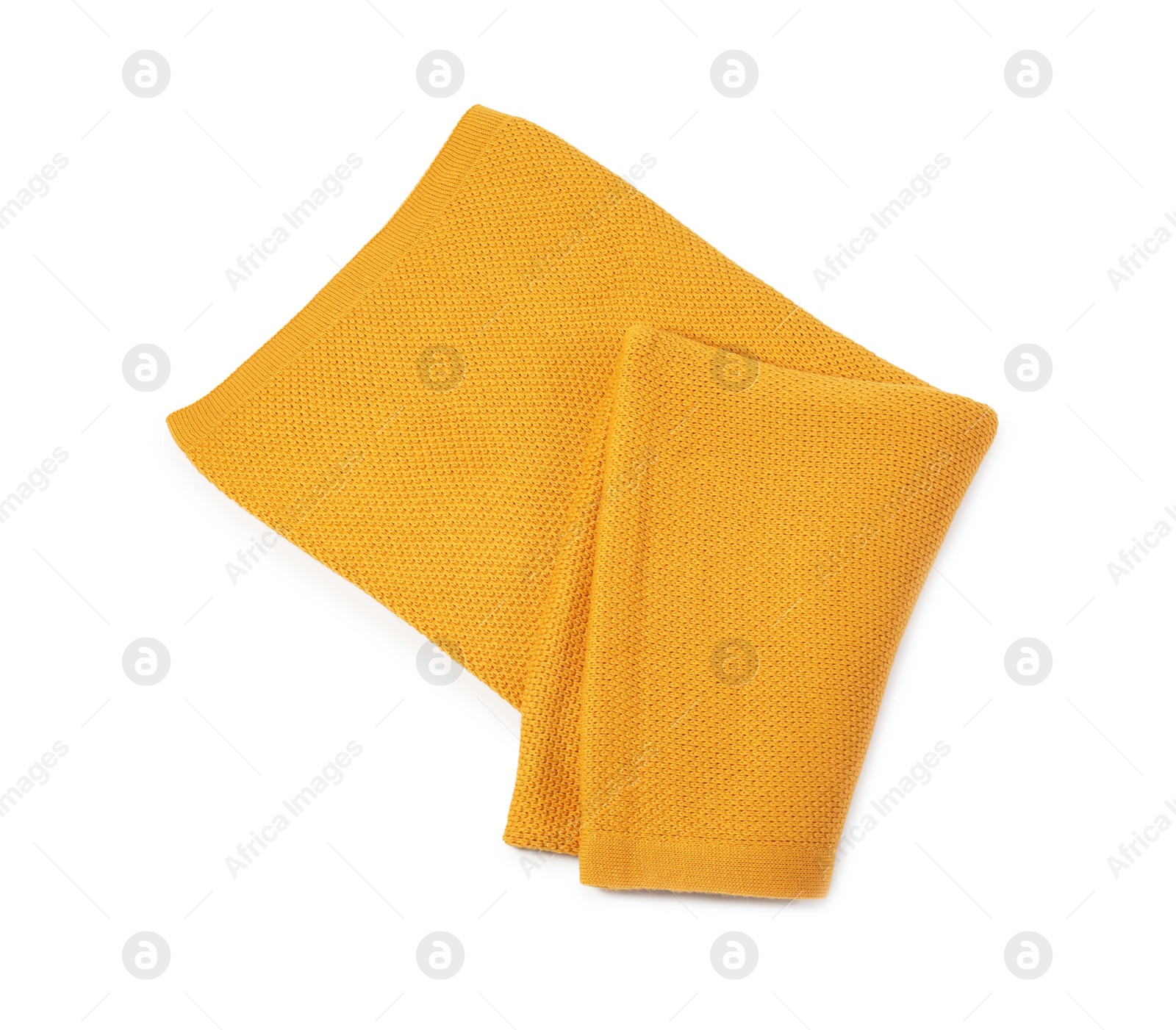 Photo of Beautiful yellow knitted blanket isolated on white, top view