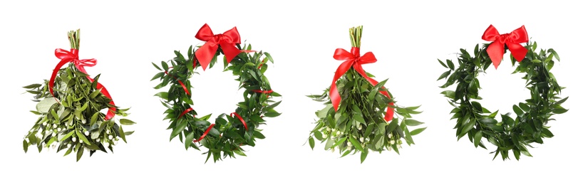 Image of Set with mistletoe bunches and wreaths on white background, banner design. Traditional Christmas decor