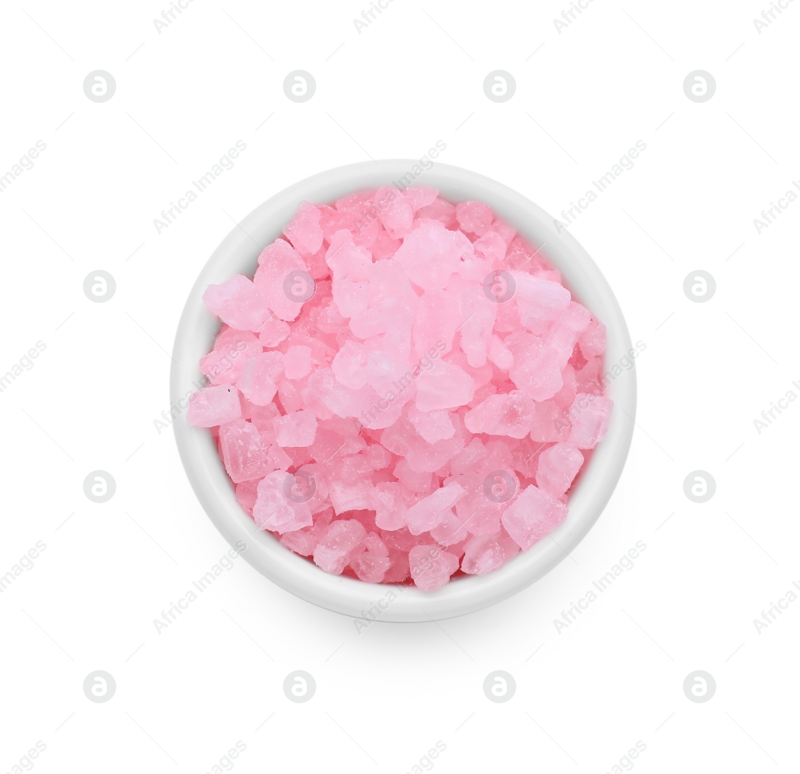 Photo of Bowl with pink sea salt isolated on white, top view