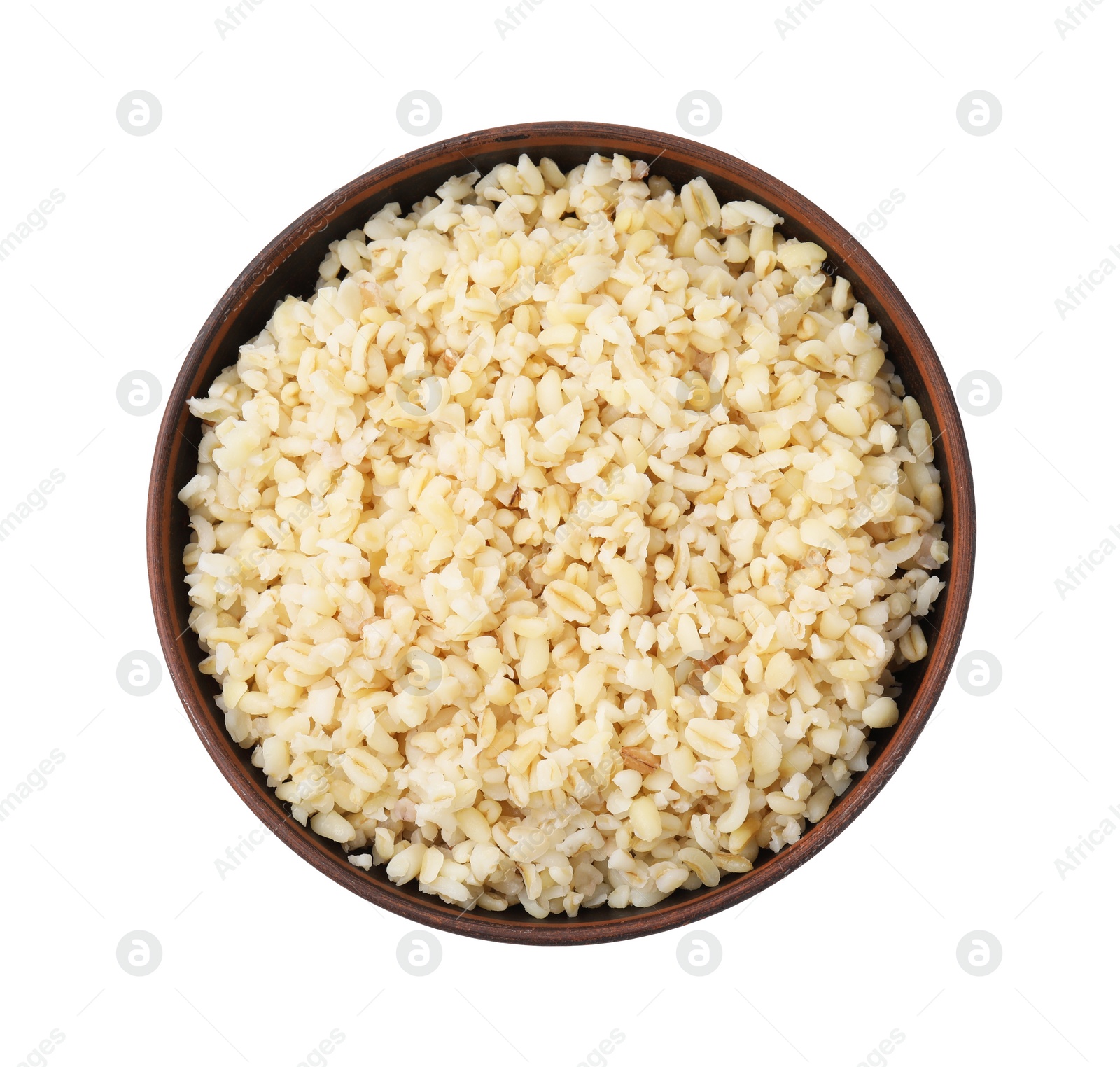 Photo of Cooked bulgur in bowl isolated on white, top view