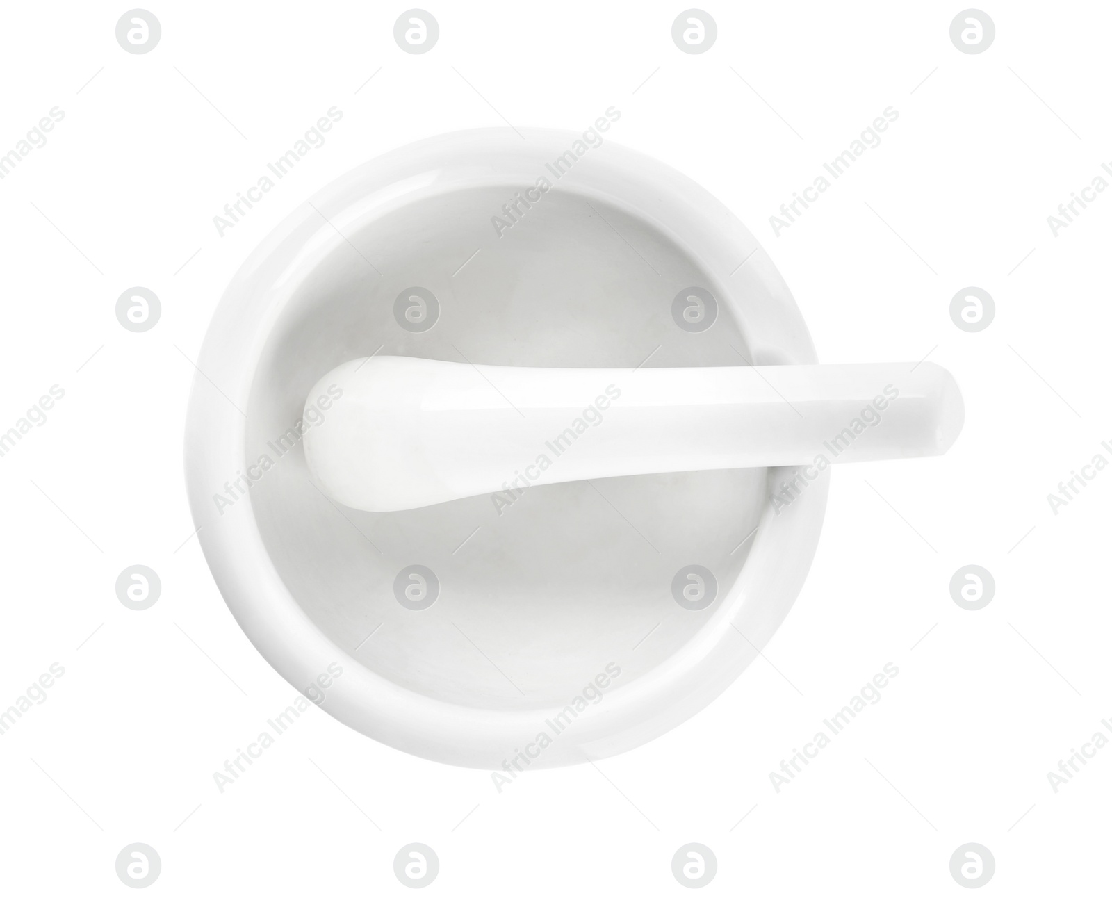 Photo of New ceramic mortar with pestle isolated on white, top view Cooking utensils