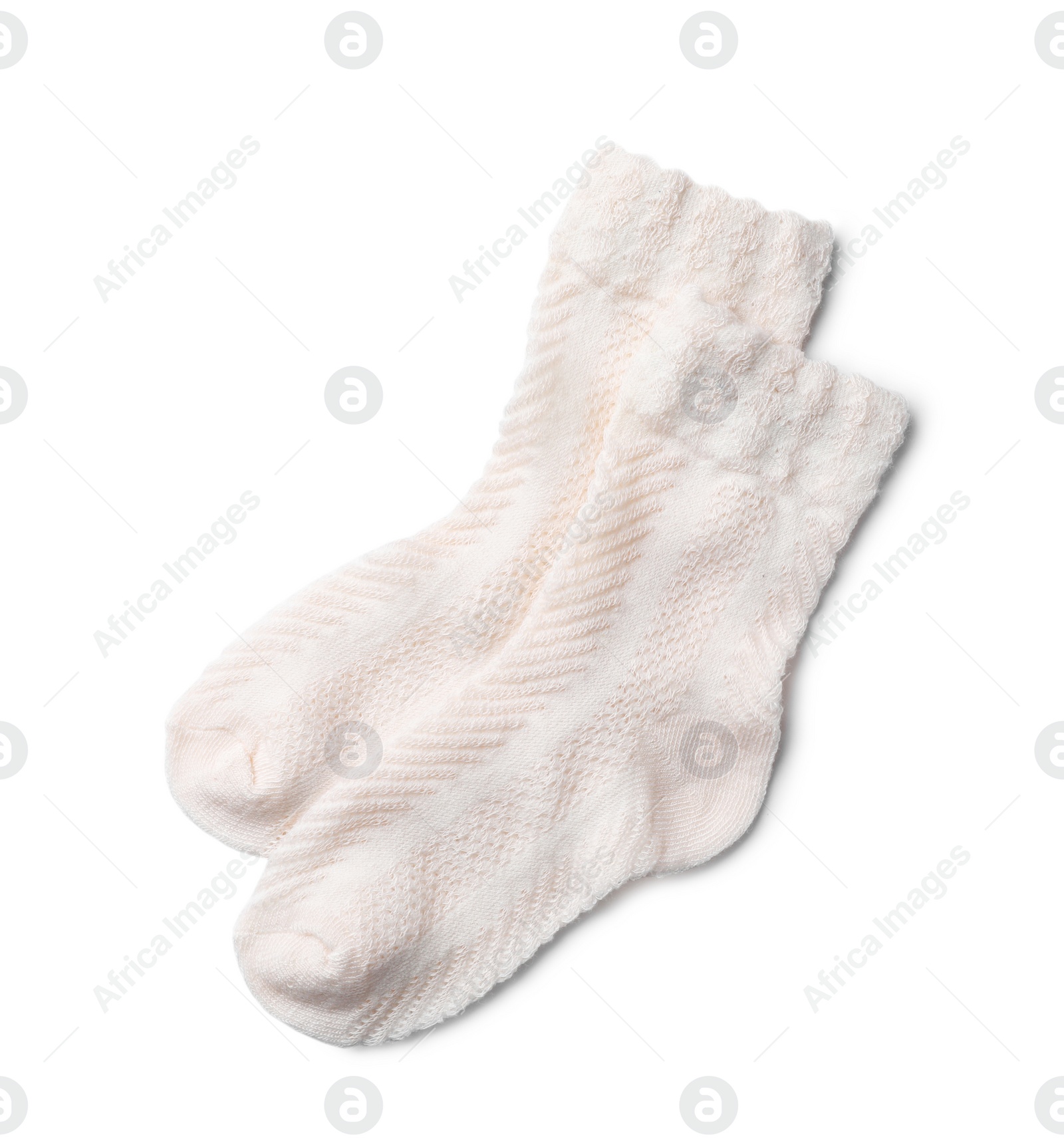 Photo of Cute child socks on white background, top view