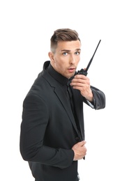 Photo of Male security guard using portable radio transmitter on white background