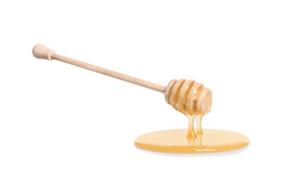 Photo of Natural honey dripping from dipper on white background