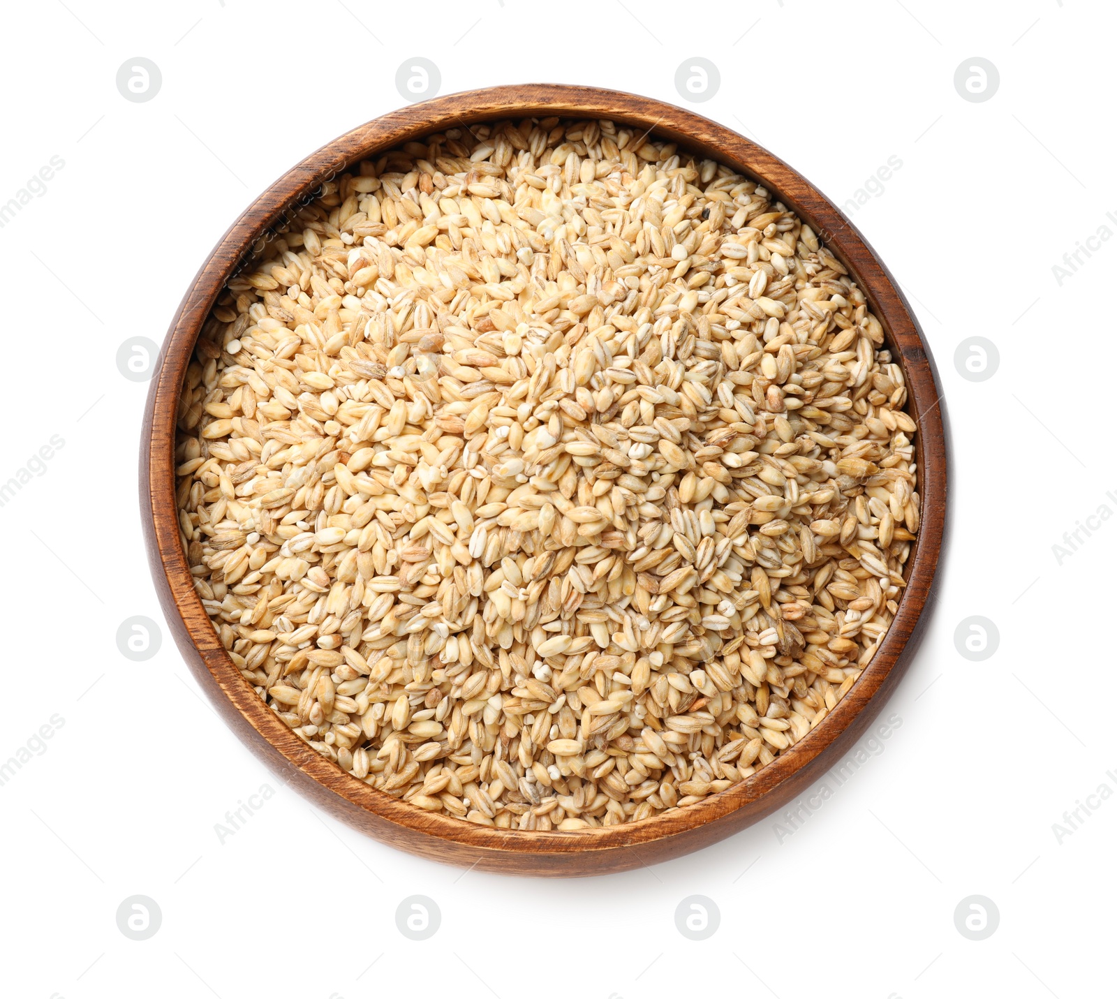 Photo of Dry pearl barley in bowl isolated on white, top view