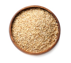 Dry pearl barley in bowl isolated on white, top view