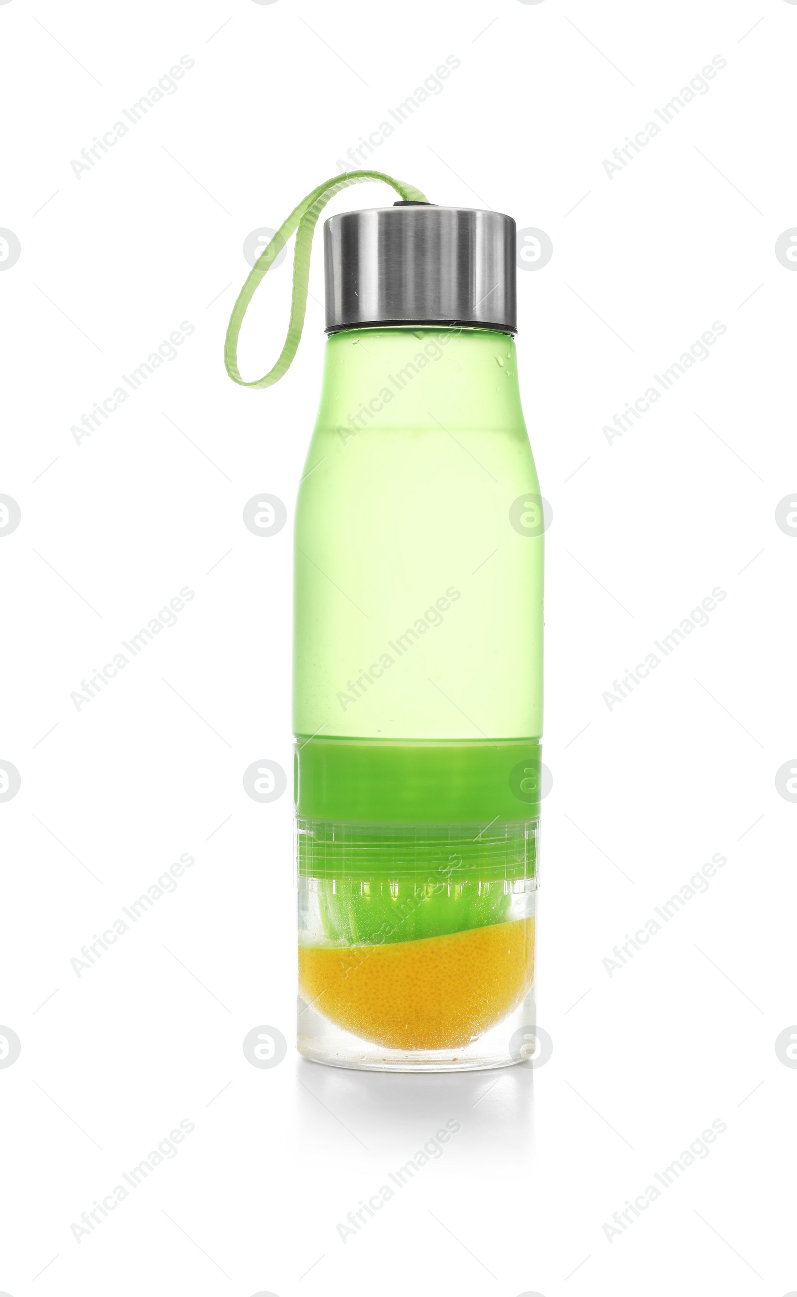 Photo of Sport bottle with lemon water on white background