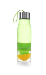 Photo of Sport bottle with lemon water on white background