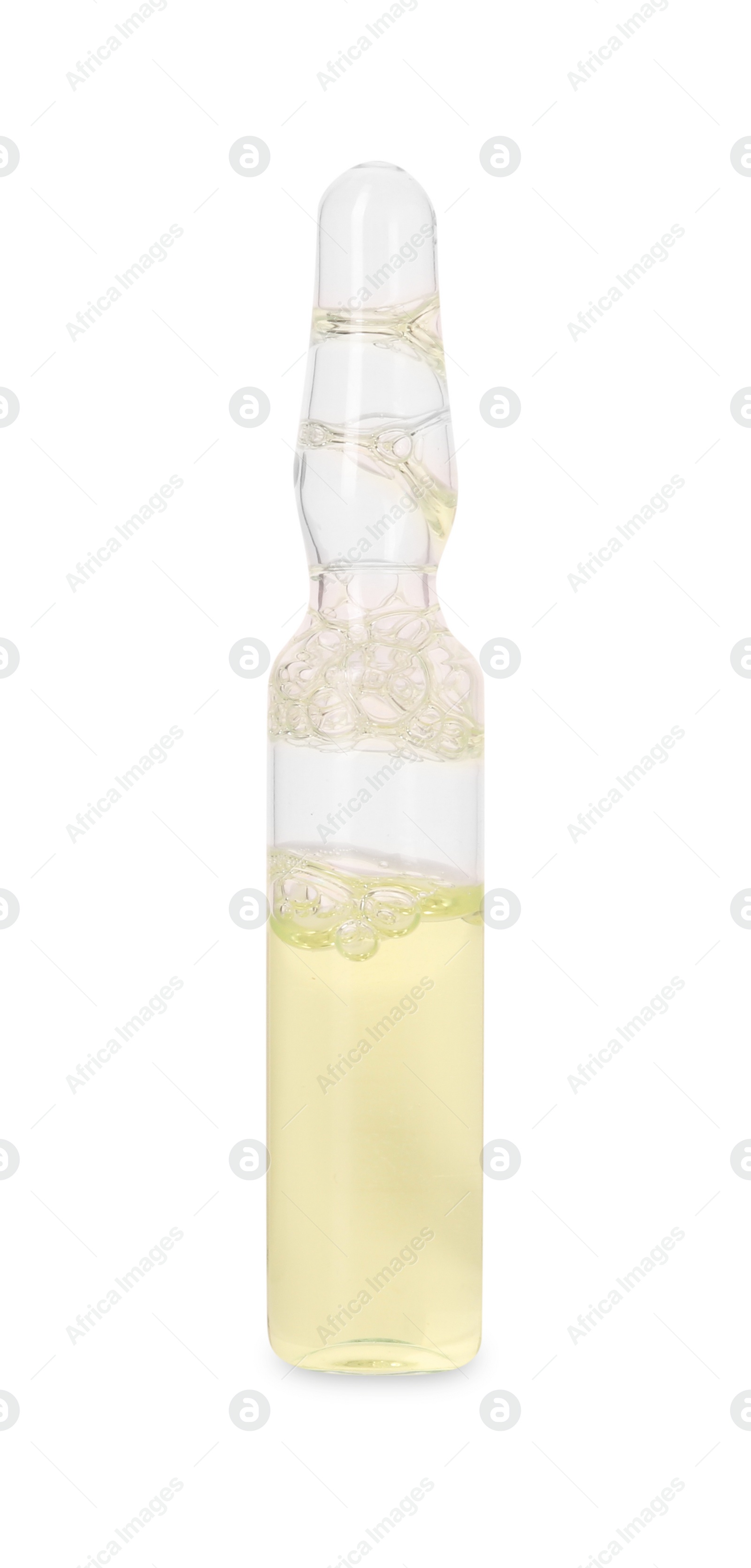 Photo of One glass ampoule with liquid isolated on white