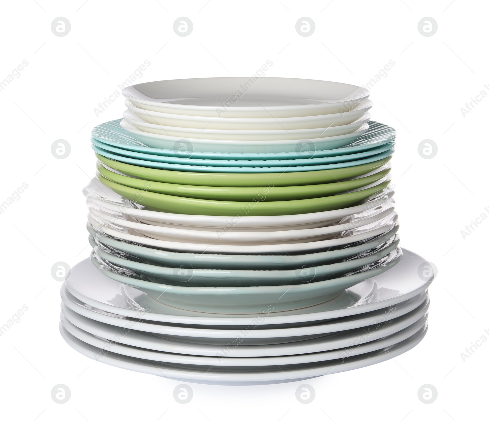 Photo of Stack of beautiful ceramic plates isolated on white