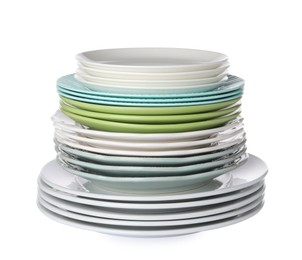 Photo of Stack of beautiful ceramic plates isolated on white