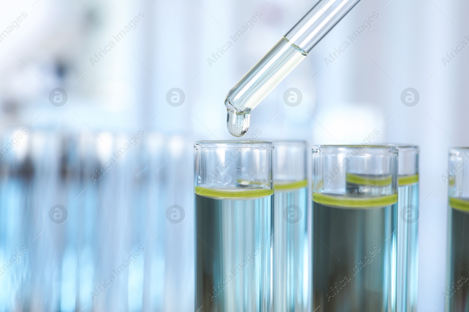 Photo of Dripping liquid into test tube on blurred background, closeup. Laboratory analysis