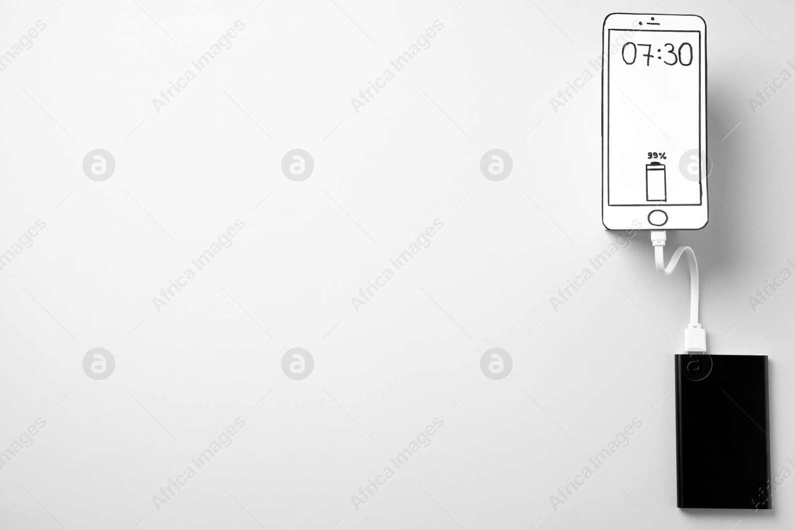 Photo of Picture of smartphone and portable charger on white background, flat lay