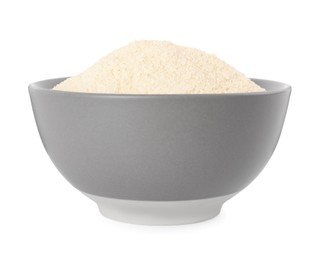 Photo of Ceramic bowl with quinoa flour on white background