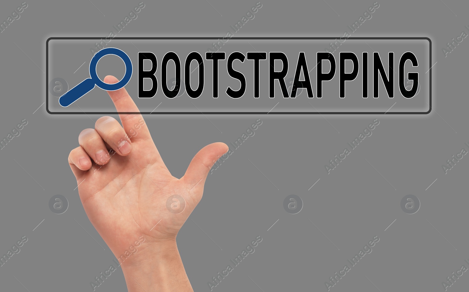 Image of Man touching virtual screen with word BOOTSTRAPPING in search bar on grey background, closeup